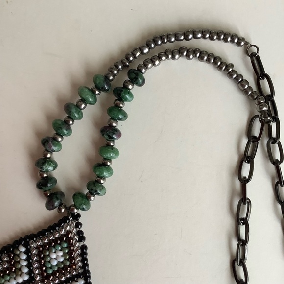 Turquoise beaded boho festival necklace with handmade beaded pendant - Picture 3 of 4